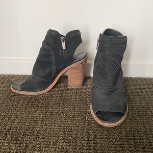 Vince Camuto black open toe heeled leather booties